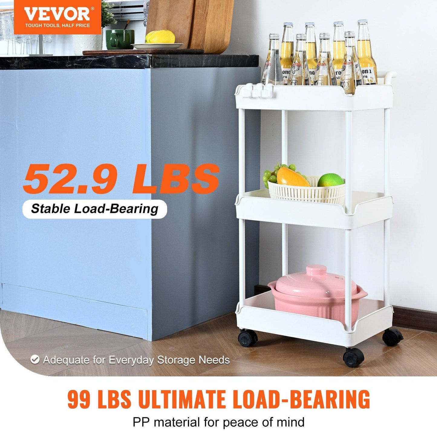 3-Tier Rolling Utility Cart with Lockable Wheels, Multi-Functional Storage Trolley