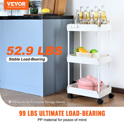 VEVOR 3-Tier Rolling Utility Cart, Kitchen Cart with Lockable Wheels, Multi-Functional