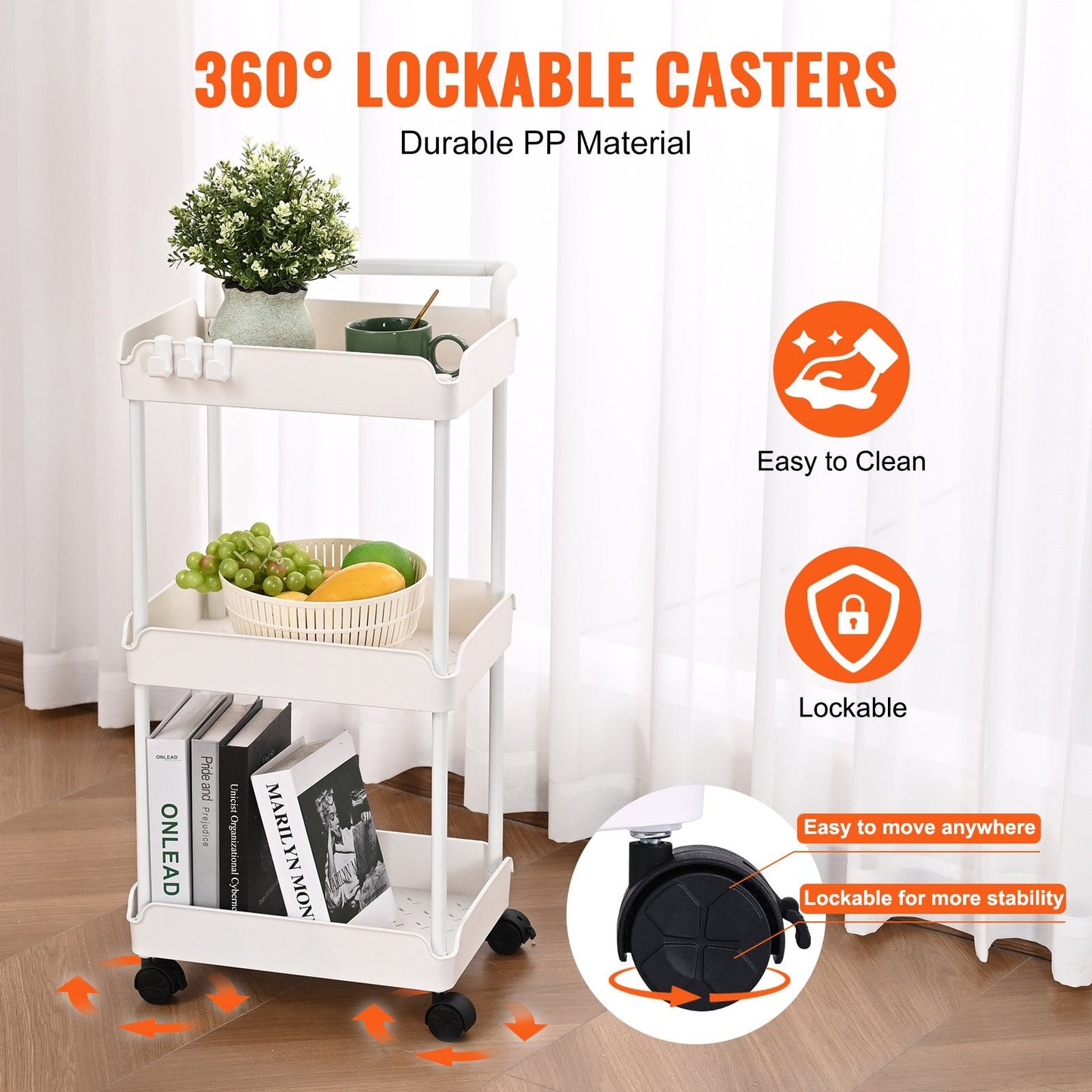 3-Tier Rolling Utility Cart with Lockable Wheels, Multi-Functional Storage Trolley