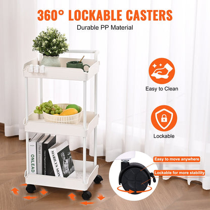 3-Tier Rolling Utility Cart with Lockable Wheels, Multi-Functional Storage Trolley