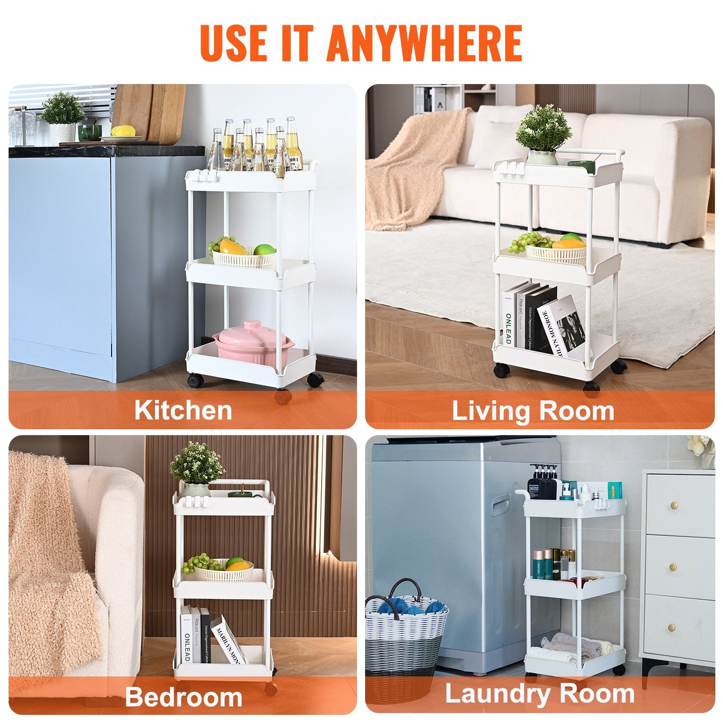 VEVOR 3-Tier Rolling Utility Cart, Kitchen Cart with Lockable Wheels, Multi-Functional