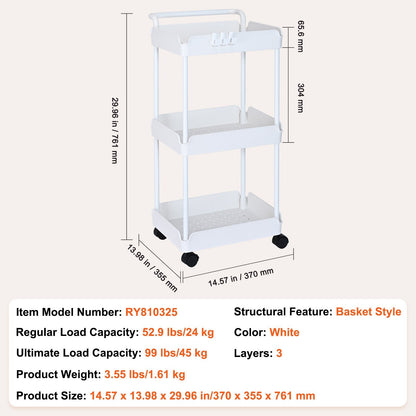 3-Tier Rolling Utility Cart with Lockable Wheels, Multi-Functional Storage Trolley