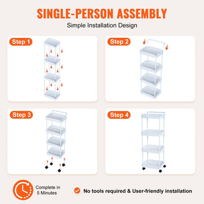4-Tier Multi-Functional Rolling Cart with Lockable Wheels, 30 kg Capacity, White
