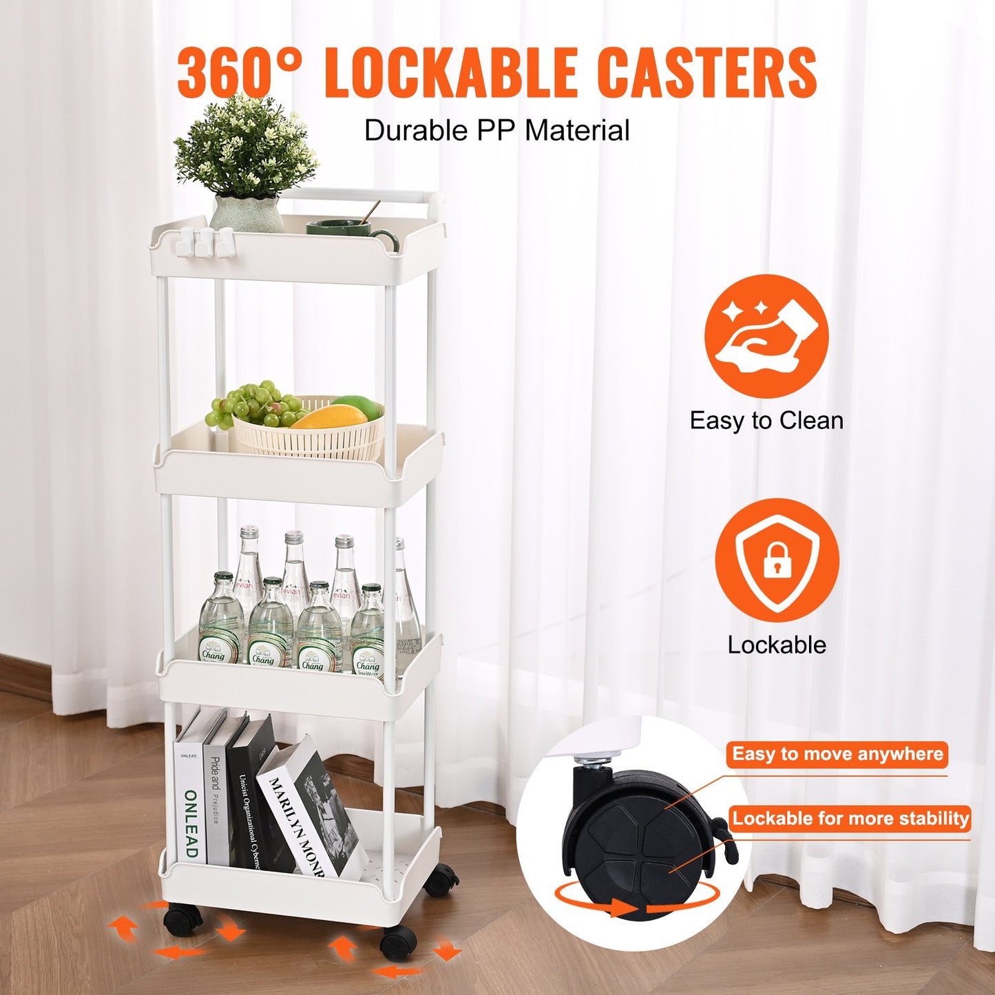 VEVOR 4-Tier Rolling Utility Cart, Kitchen Cart with Lockable Wheels, Multi-Functional