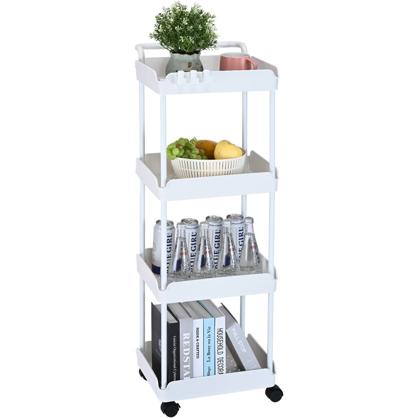 4-Tier Multi-Functional Rolling Cart with Lockable Wheels, 30 kg Capacity, White