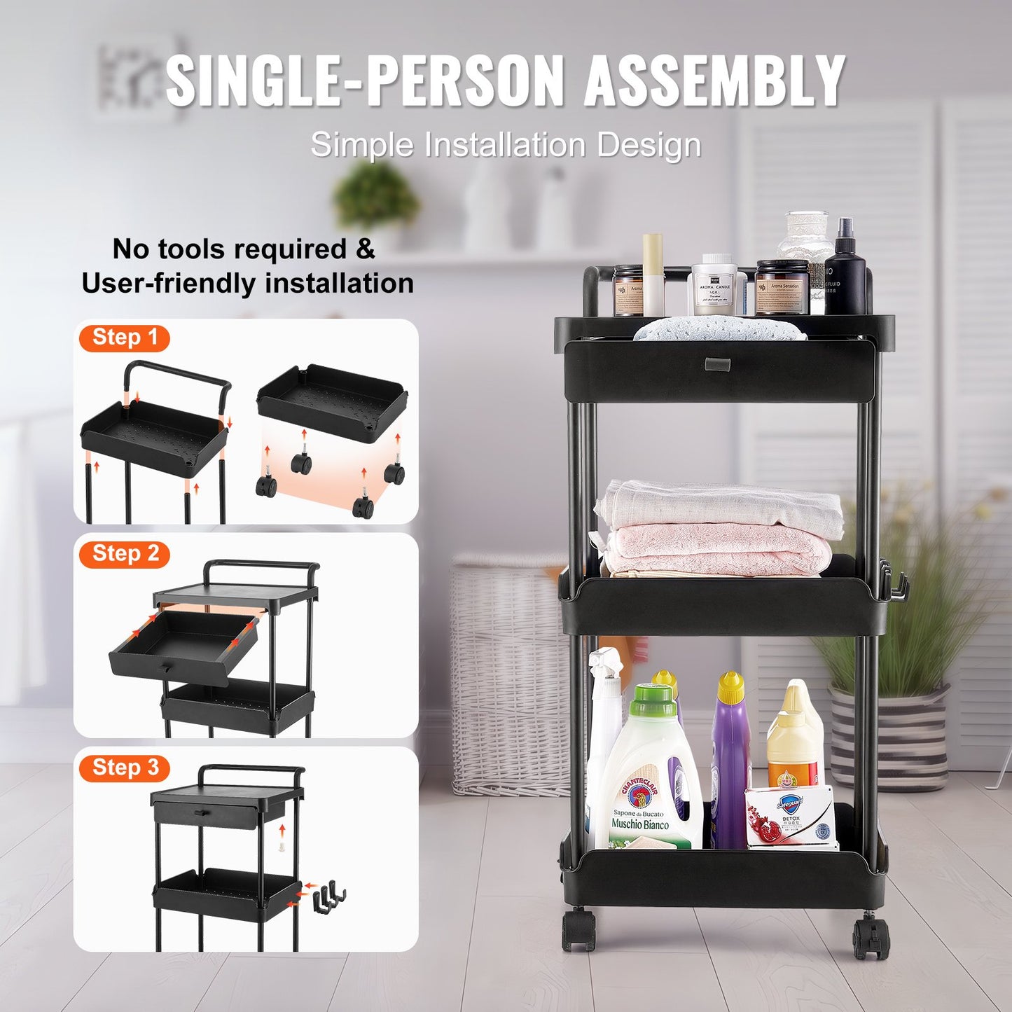 VEVOR 3-Tier Rolling Utility Cart with Drawer, Kitchen Cart with Lockable Wheels,