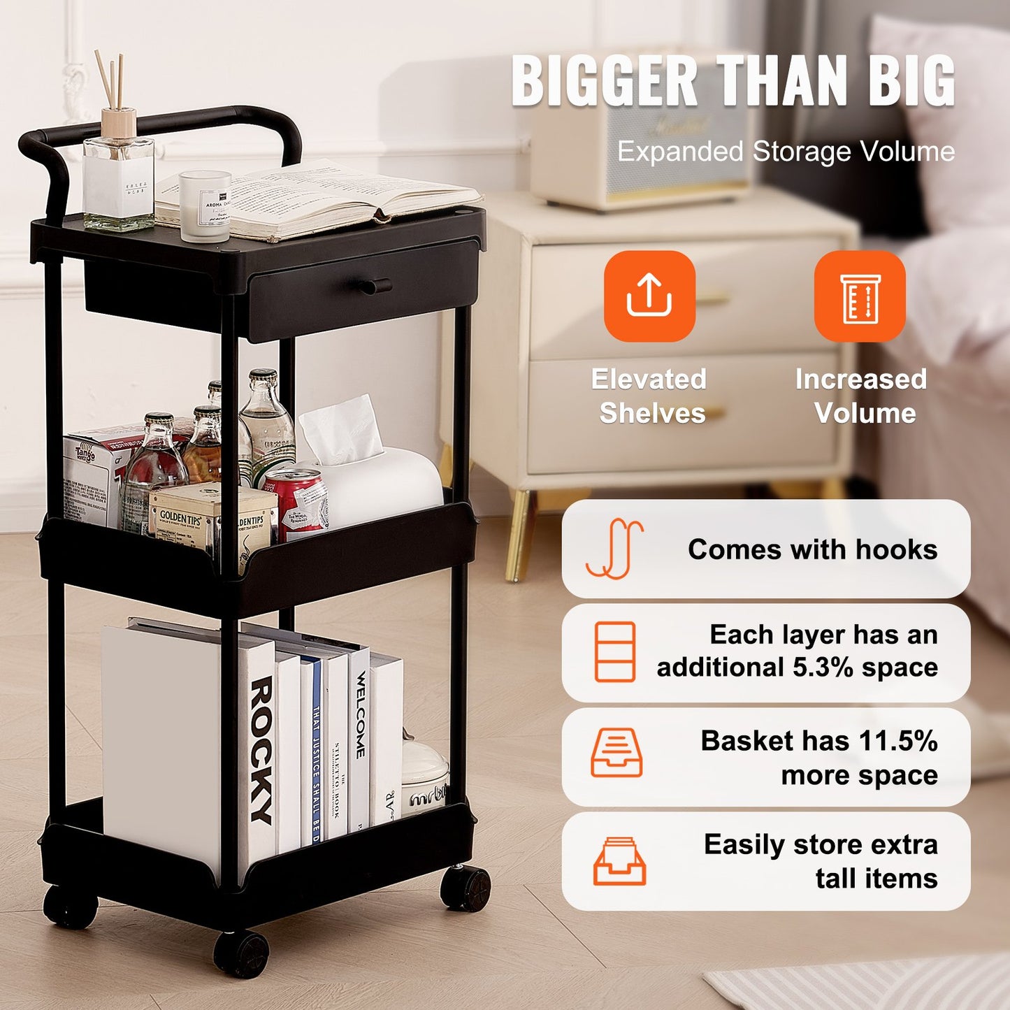 VEVOR 3-Tier Rolling Utility Cart with Drawer, Kitchen Cart with Lockable Wheels,