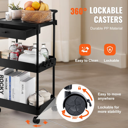 3-Tier Utility Cart with Drawer and Lockable Wheels, Black, 0.76m Height