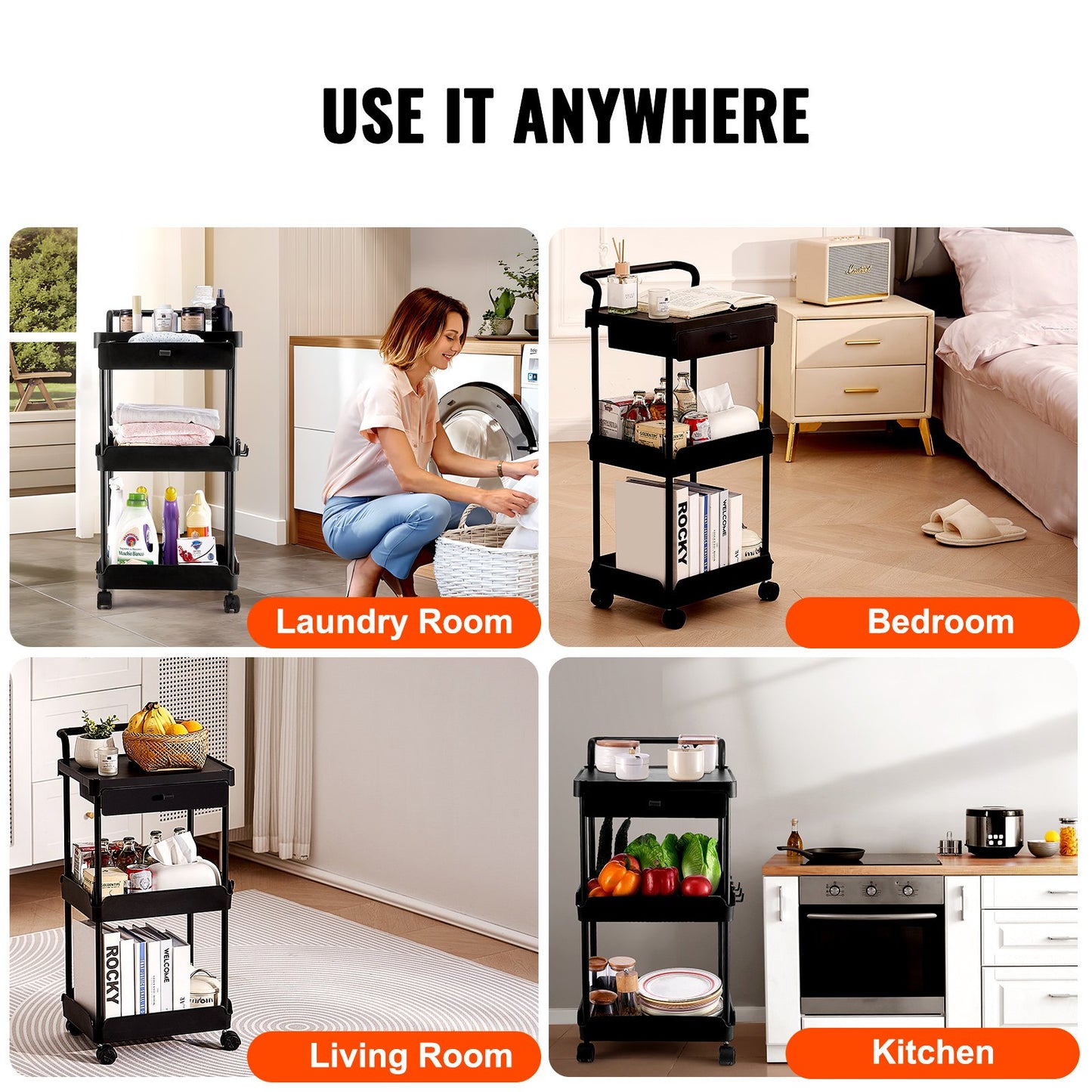 VEVOR 3-Tier Rolling Utility Cart with Drawer, Kitchen Cart with Lockable Wheels,