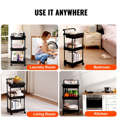 VEVOR 3-Tier Rolling Utility Cart with Drawer, Kitchen Cart with Lockable Wheels,