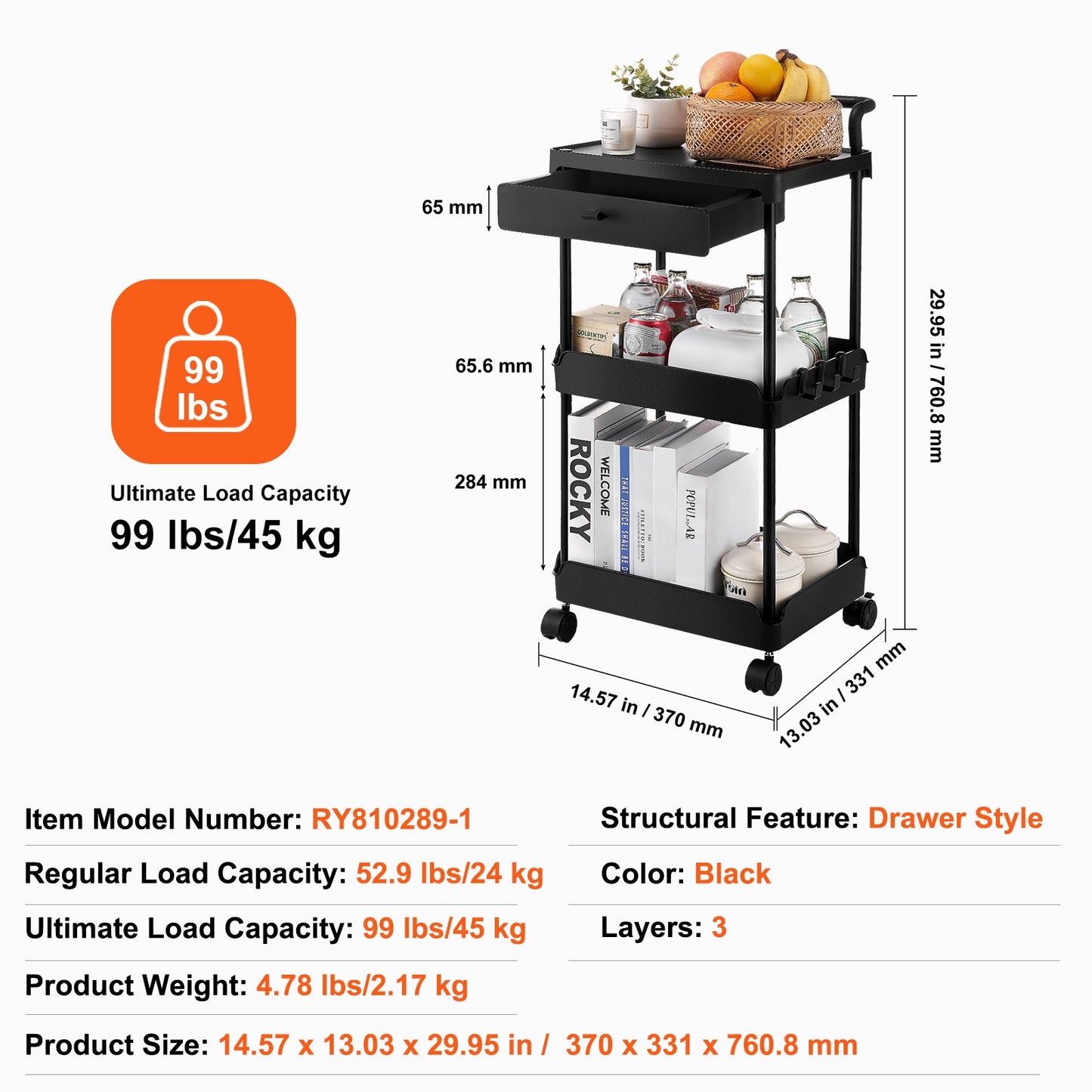 VEVOR 3-Tier Rolling Utility Cart with Drawer, Kitchen Cart with Lockable Wheels,