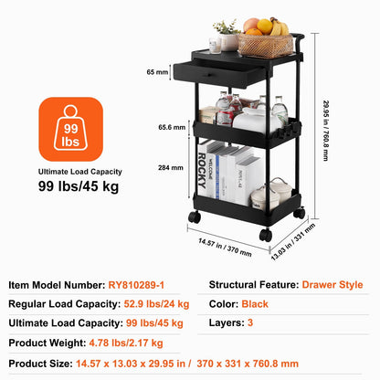 3-Tier Utility Cart with Drawer and Lockable Wheels, Black, 0.76m Height