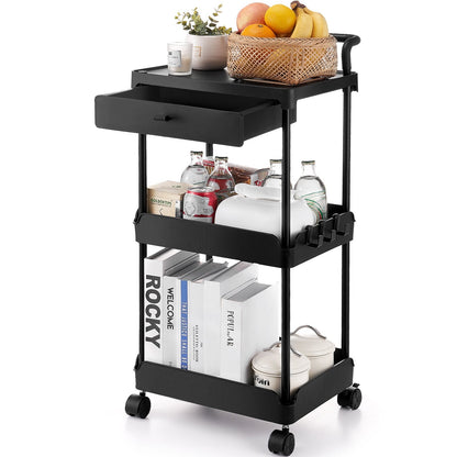 3-Tier Utility Cart with Drawer and Lockable Wheels, Black, 0.76m Height
