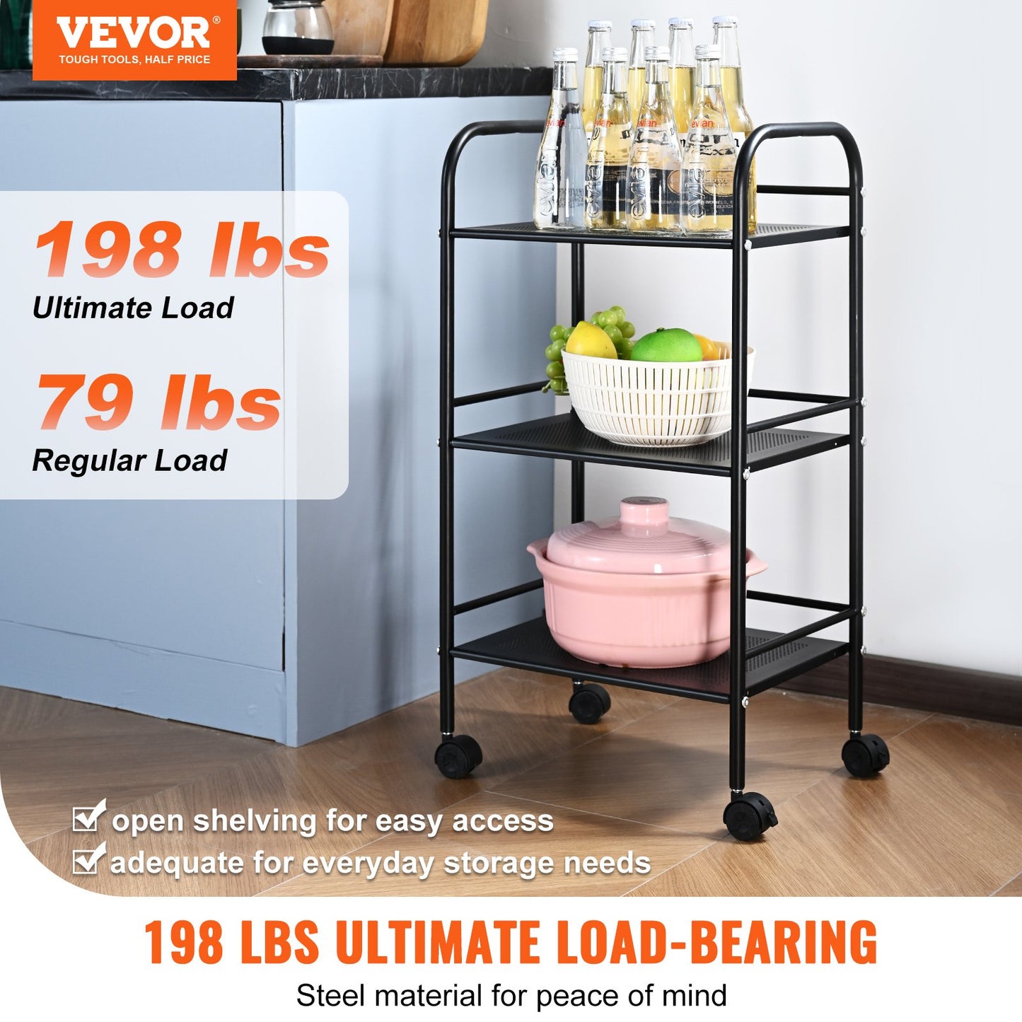 VEVOR 3-Tier Metal Rolling Cart, Heavy Duty Utility Cart with Lockable Wheels, Multi-Functional