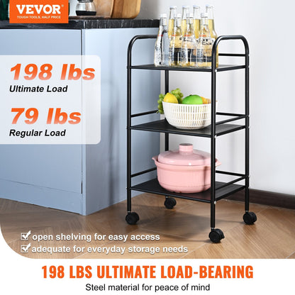 3-Tier Metal Utility Cart with Lockable Wheels, Multi-Functional Storage Trolley