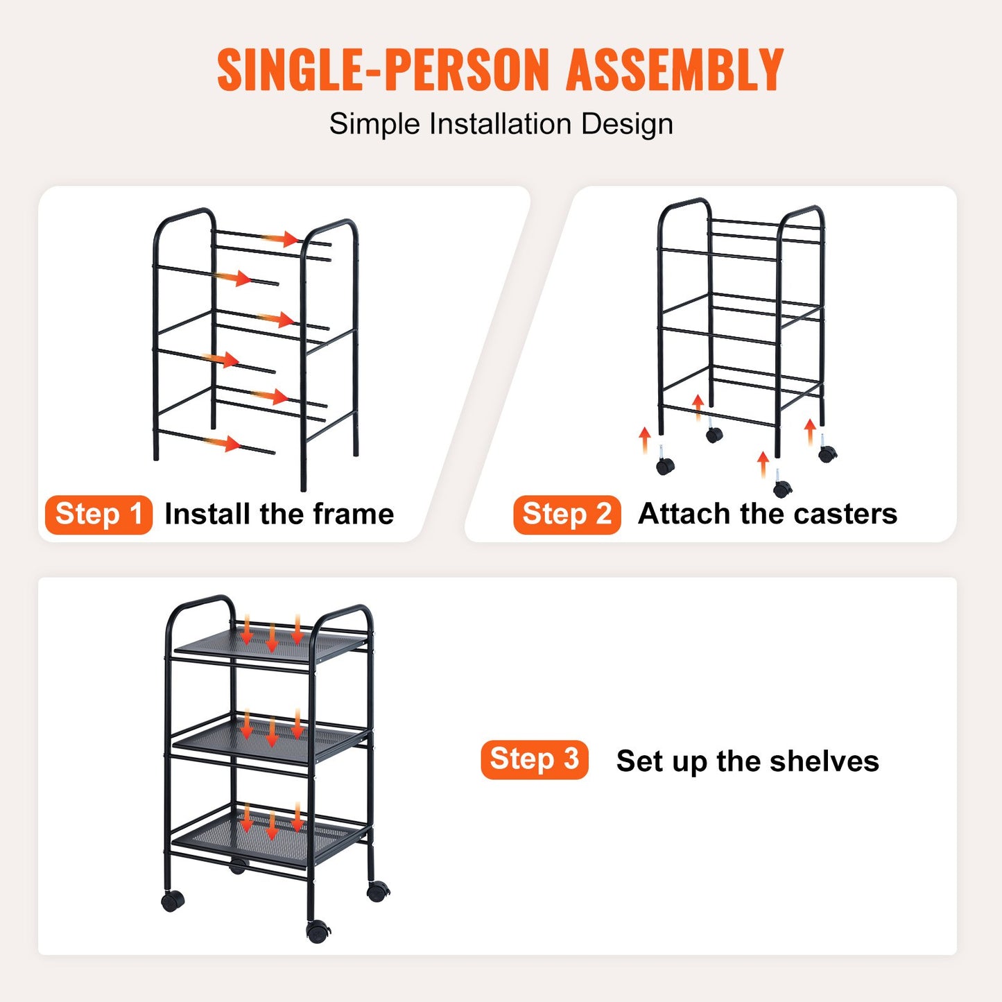 VEVOR 3-Tier Metal Rolling Cart, Heavy Duty Utility Cart with Lockable Wheels, Multi-Functional