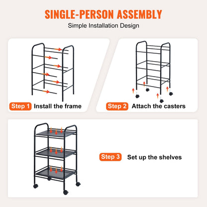 3-Tier Metal Utility Cart with Lockable Wheels, Multi-Functional Storage Trolley