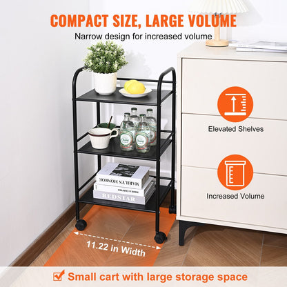 3-Tier Metal Utility Cart with Lockable Wheels, Multi-Functional Storage Trolley
