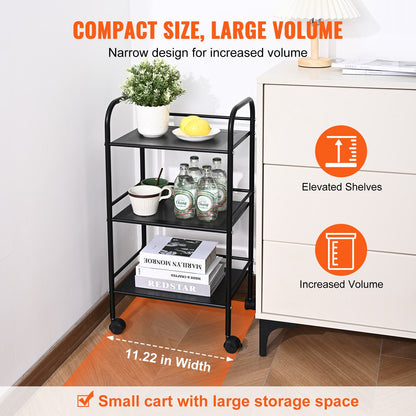 VEVOR 3-Tier Metal Rolling Cart, Heavy Duty Utility Cart with Lockable Wheels, Multi-Functional