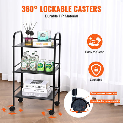 VEVOR 3-Tier Metal Rolling Cart, Heavy Duty Utility Cart with Lockable Wheels, Multi-Functional
