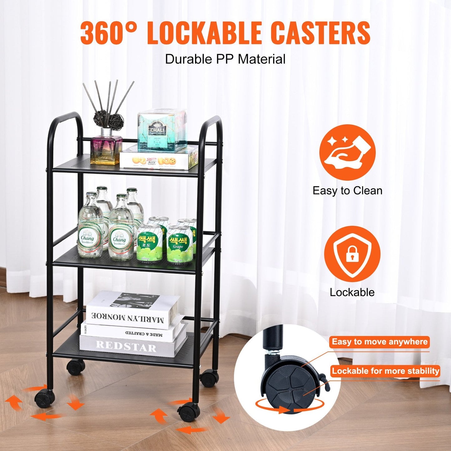 3-Tier Metal Utility Cart with Lockable Wheels, Multi-Functional Storage Trolley