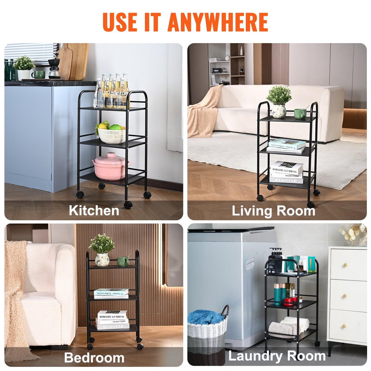 VEVOR 3-Tier Metal Rolling Cart, Heavy Duty Utility Cart with Lockable Wheels, Multi-Functional