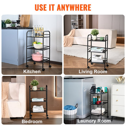 VEVOR 3-Tier Metal Rolling Cart, Heavy Duty Utility Cart with Lockable Wheels, Multi-Functional