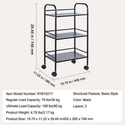 VEVOR 3-Tier Metal Rolling Cart, Heavy Duty Utility Cart with Lockable Wheels, Multi-Functional