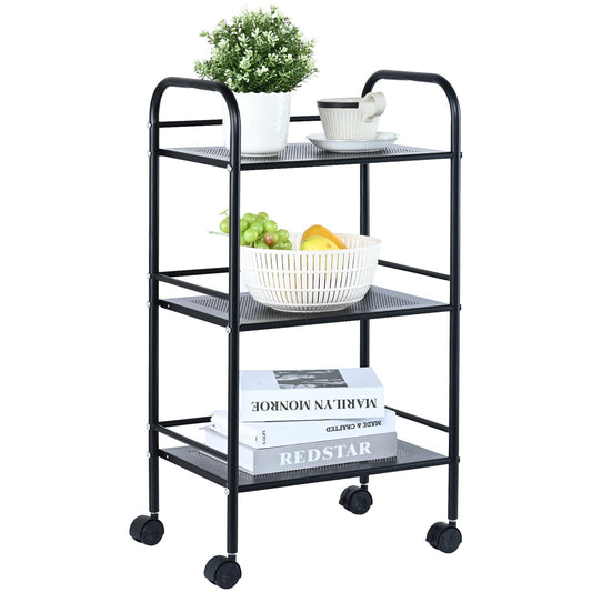 VEVOR 3-Tier Metal Rolling Cart, Heavy Duty Utility Cart with Lockable Wheels, Multi-Functional