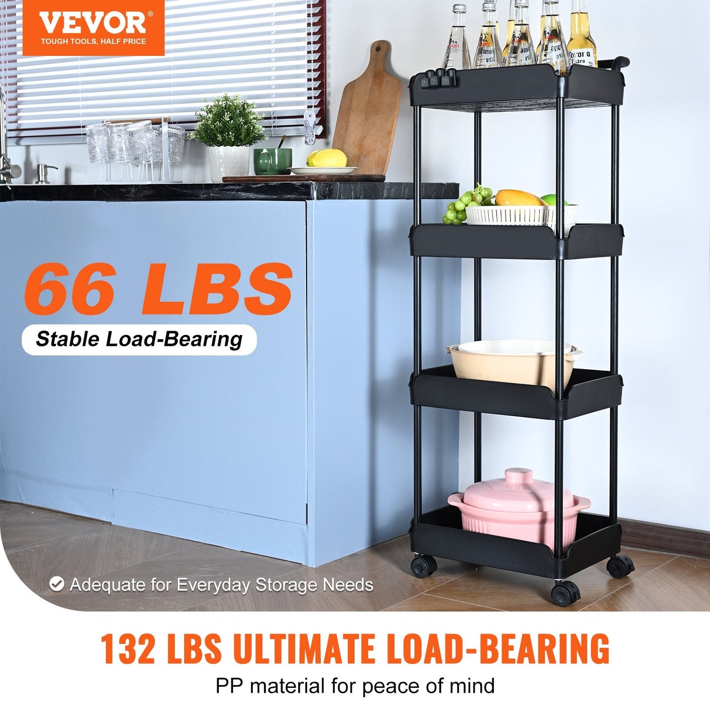 4-Tier Black Utility Cart with Wheels and Handle, 30 kg Capacity, 1.07 m Height