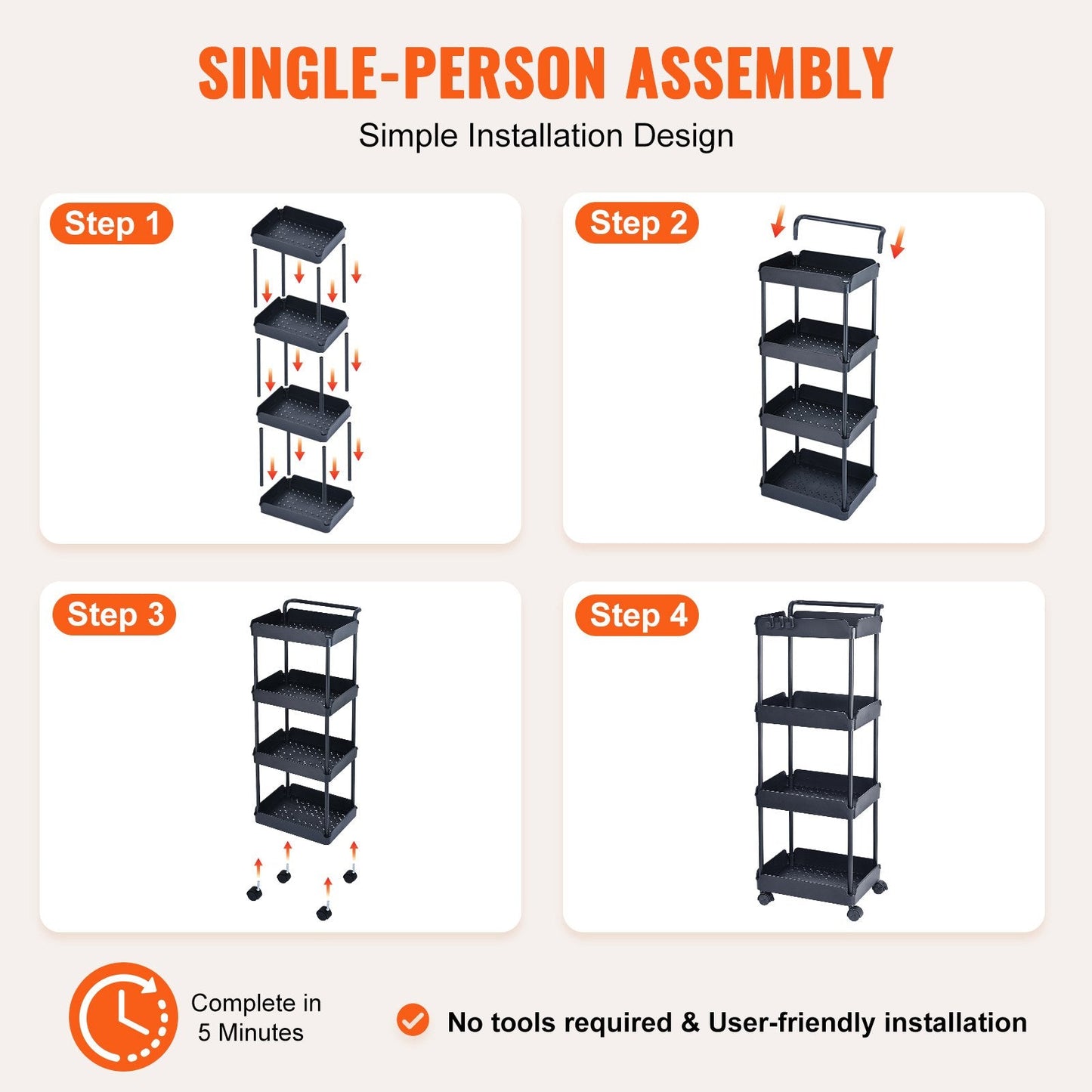 4-Tier Black Utility Cart with Wheels and Handle, 30 kg Capacity, 1.07 m Height