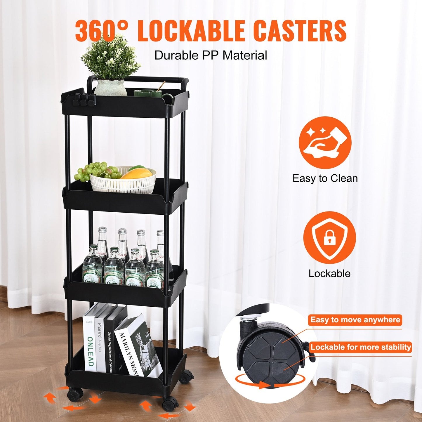 4-Tier Black Utility Cart with Wheels and Handle, 30 kg Capacity, 1.07 m Height