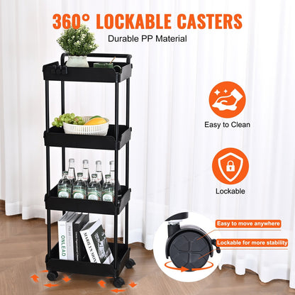 4-Tier Black Utility Cart with Wheels and Handle, 30 kg Capacity, 1.07 m Height