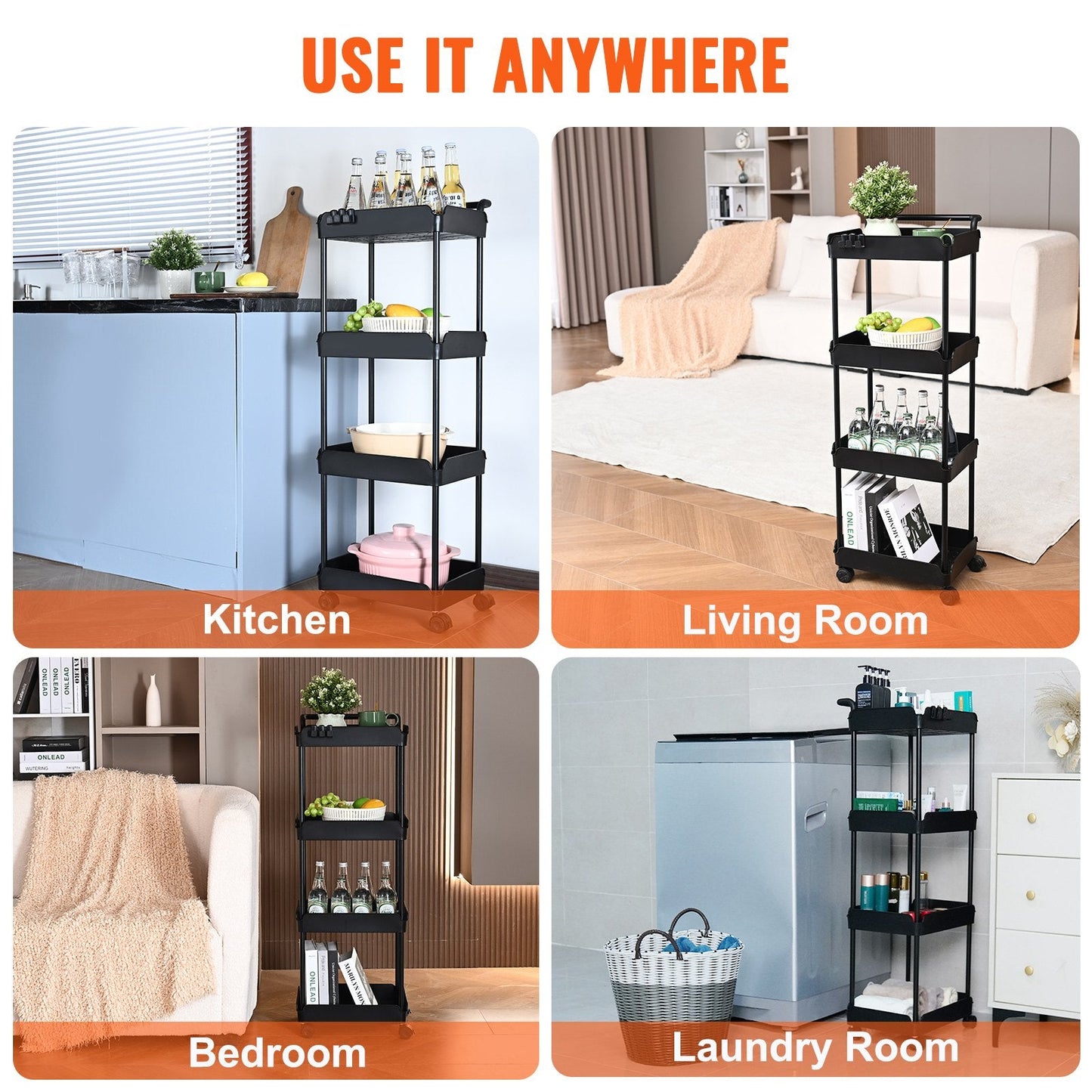 4-Tier Black Utility Cart with Wheels and Handle, 30 kg Capacity, 1.07 m Height