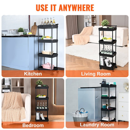 4-Tier Black Utility Cart with Wheels and Handle, 30 kg Capacity, 1.07 m Height