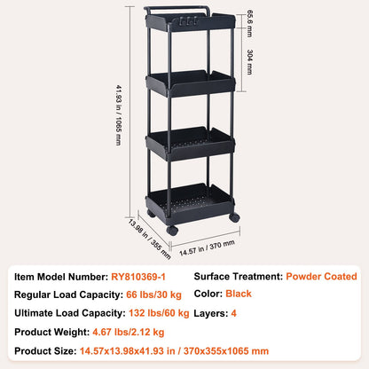 4-Tier Black Utility Cart with Wheels and Handle, 30 kg Capacity, 1.07 m Height