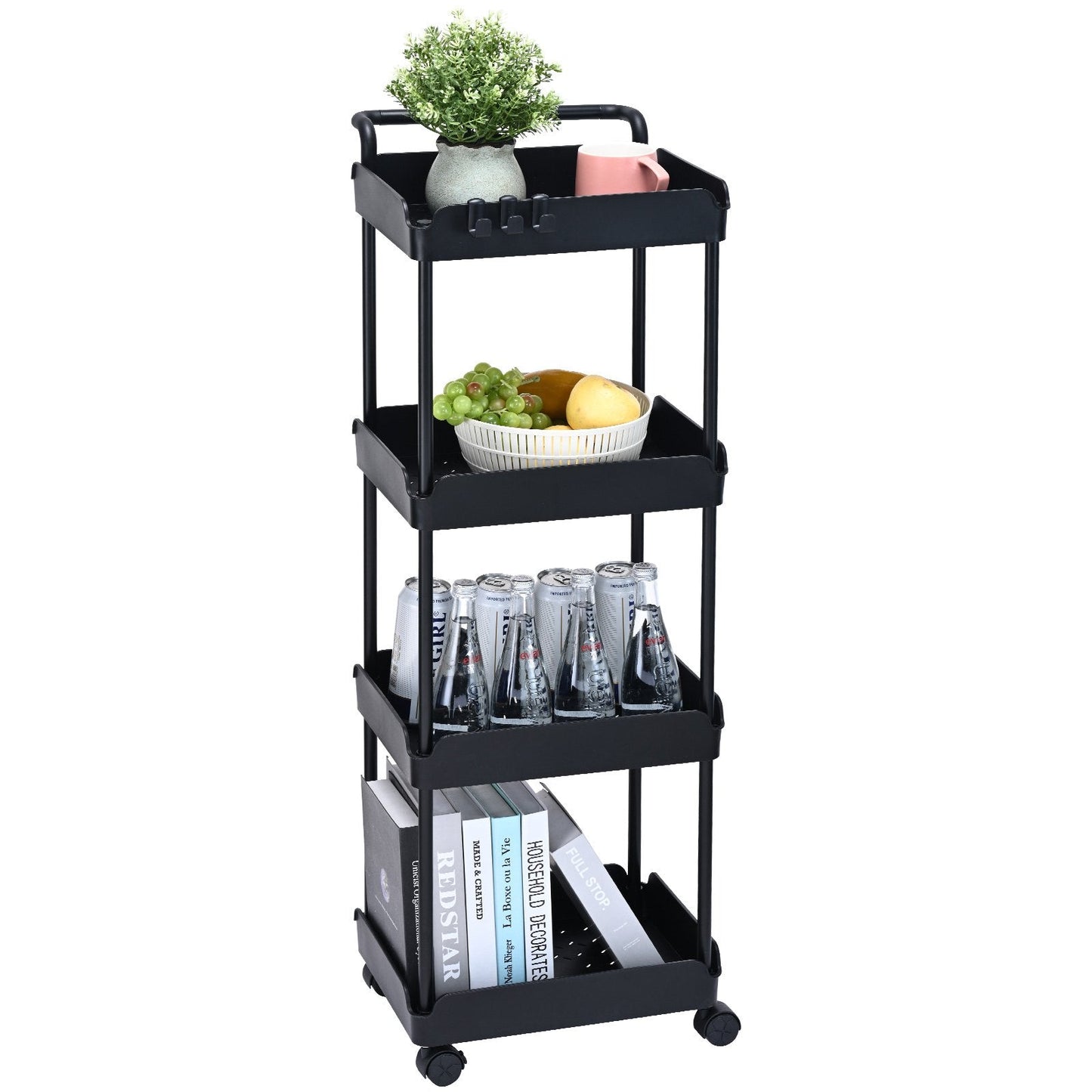 4-Tier Black Utility Cart with Wheels and Handle, 30 kg Capacity, 1.07 m Height