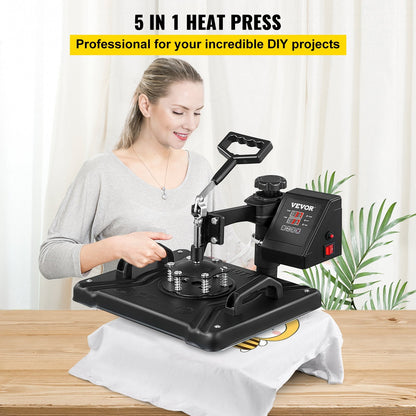 5-in-1 Heat Press Machine, 1250W, 30x38cm for DIY T-Shirts, Hats & Shoes