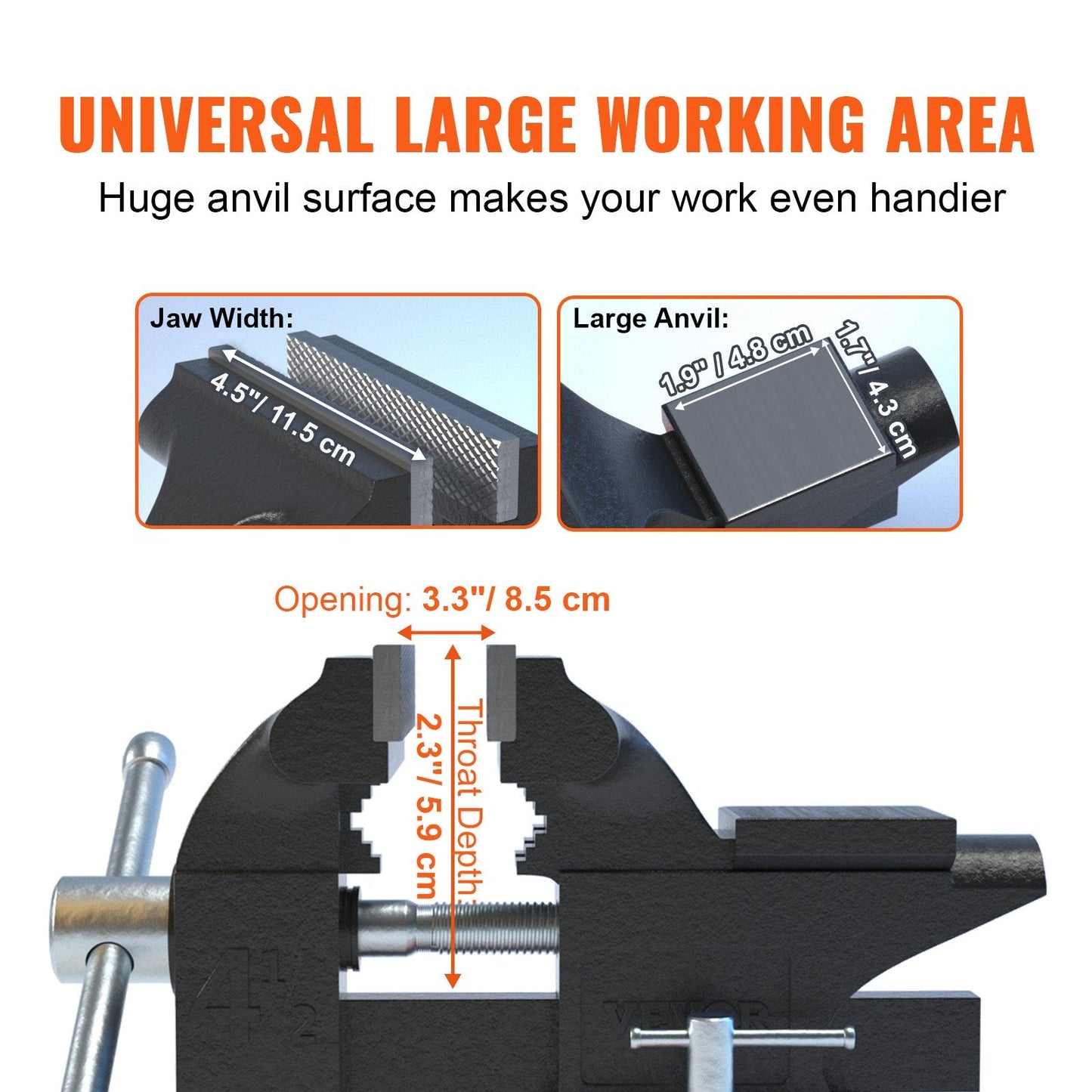 Heavy Duty 11.5 cm Bench Vise with 240° Swivel and Anvil