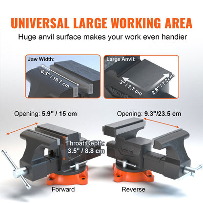 Heavy Duty 16.7cm Bench Vise with 360° Swivel Base & Anvil, Ductile Iron