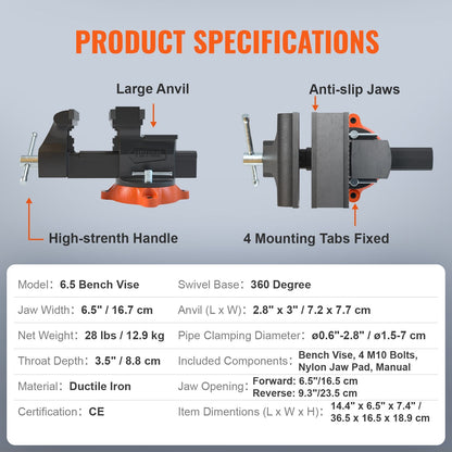 Heavy Duty 16.7cm Bench Vise with 360° Swivel Base & Anvil, Ductile Iron