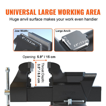 Heavy Duty 15 cm Bench Vise with Anvil and 360° Swivel Locking Base