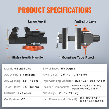 Heavy Duty 15 cm Bench Vise with Anvil and 360° Swivel Locking Base