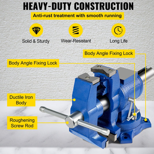 Heavy Duty 0.13m Bench Vise with 360° Swivel Base, Dual Clamps, High Precision