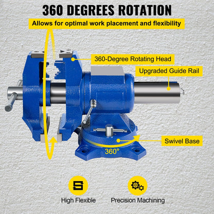 Heavy Duty 0.13m Bench Vise with 360° Swivel Base, Dual Clamps, High Precision