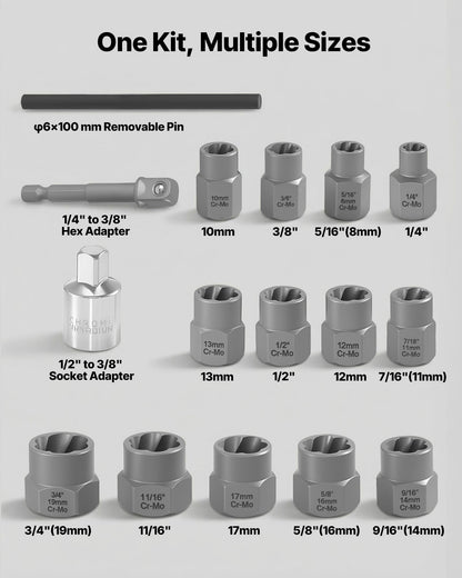 Bolt Extractor Kit, 16 Pieces Impact Bolt & Nut Remover Set with Adapters and Pin Punch, Solid Storage Case, Cr-Mo Steel for Removing Damaged, Rusted, Stripped, Rounded Bolts, Nuts and Screws