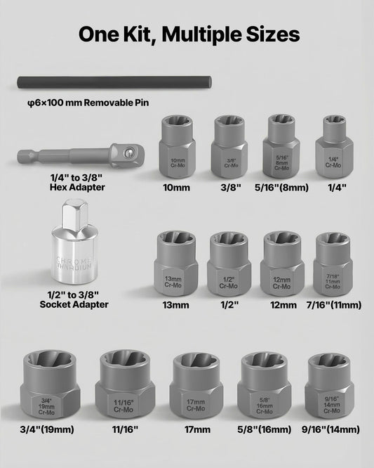 Bolt Extractor Kit, 16 Pieces Impact Bolt & Nut Remover Set with Adapters and Pin Punch, Solid Storage Case, Cr-Mo Steel for Removing Damaged, Rusted, Stripped, Rounded Bolts, Nuts and Screws