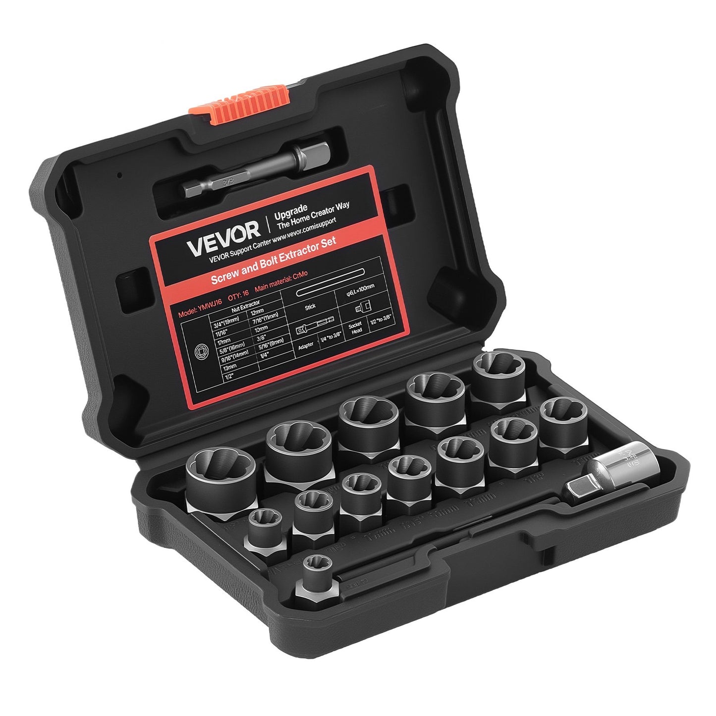 Bolt Extractor Kit, 16 Pieces Impact Bolt & Nut Remover Set with Adapters and Pin Punch, Solid Storage Case, Cr-Mo Steel for Removing Damaged, Rusted, Stripped, Rounded Bolts, Nuts and Screws