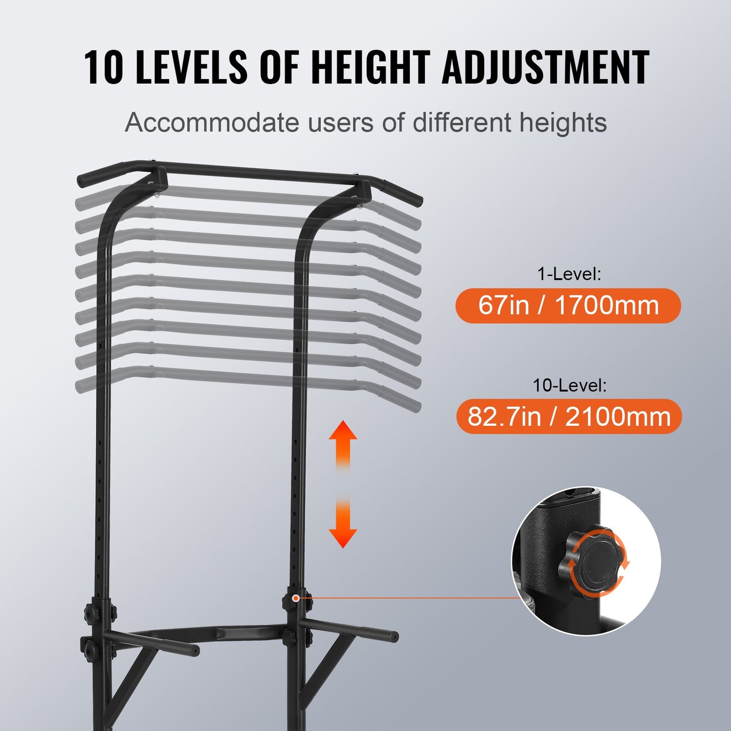 VEVOR Power Tower Dip Station, 10-Level Height Adjustable Pull Up Bar Stand, Multi-Function