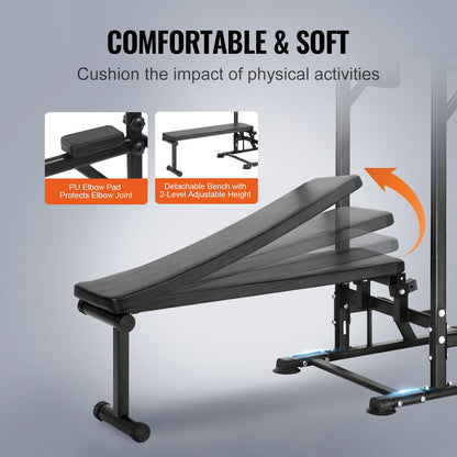 VEVOR Power Tower with Bench, 10-Level Height Adjustable Pull Up Bar Stand Dip Station